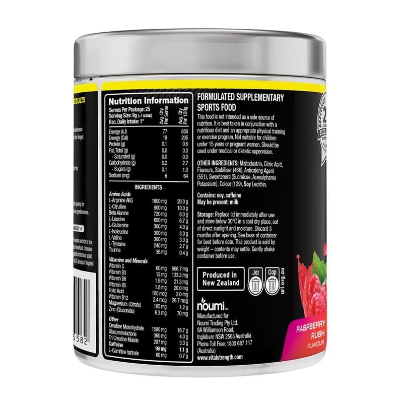 Bột tập luyện trước VitalStrength Raspberry Rush 225g