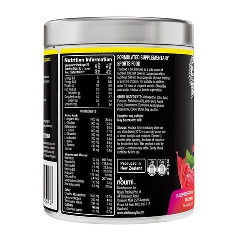 Bột tập luyện trước VitalStrength Raspberry Rush 225g