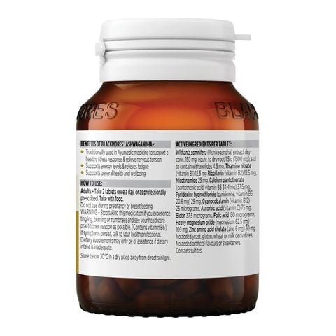 Blackmores Ashwagandha+ Hỗ trợ căng thẳng Vitamin B 60 viên