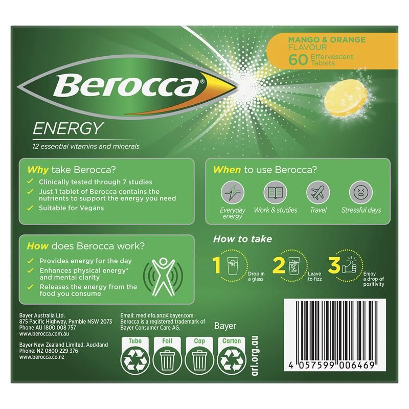 Berocca Energy Mango And Orange 60 Viên Sủi Bọt Size Độc Quyền