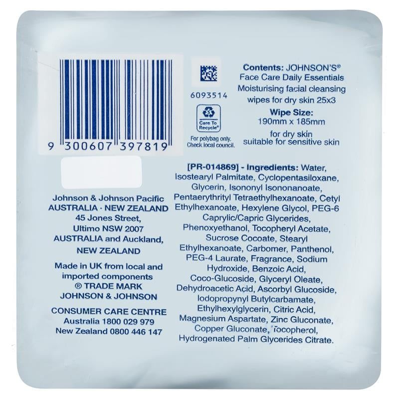 Khăn lau mặt dưỡng ẩm Johnson's Face Care dành cho da khô 3 x 25 gói