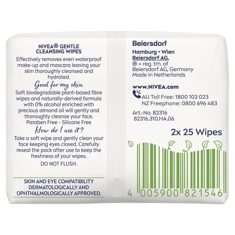 Khăn lau mặt Nivea Gentle Biodegradable dành cho da khô và nhạy cảm, gói đôi 25 miếng