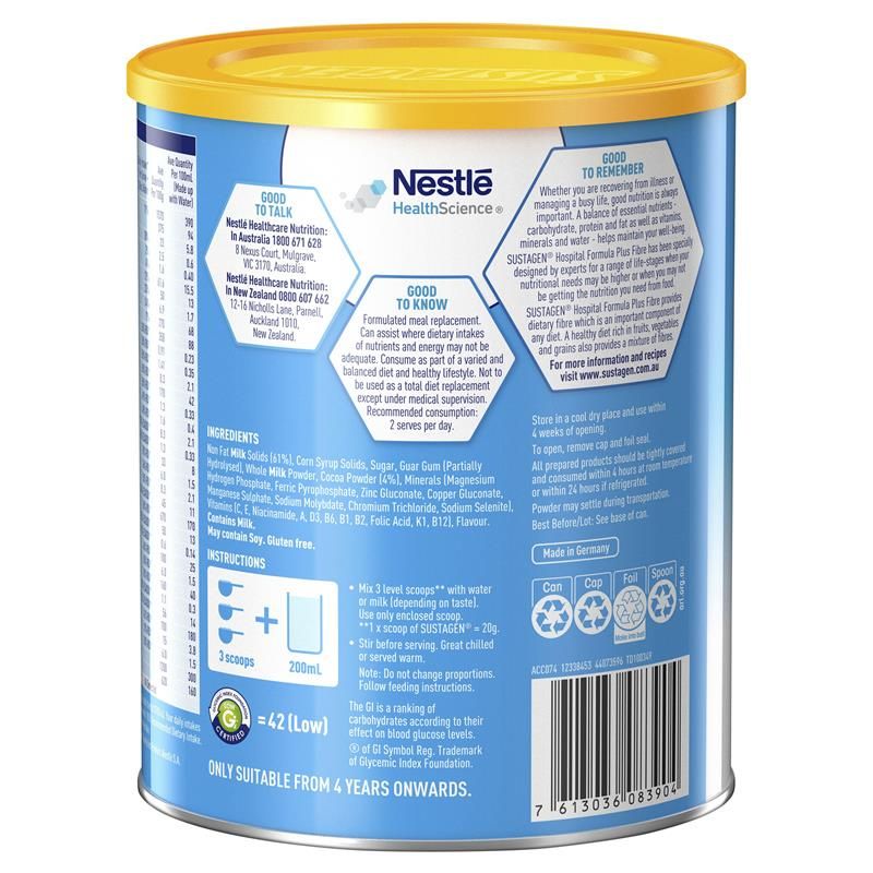 Sustagen Hospital Formula + Thực phẩm bổ sung dinh dưỡng Fibre hương sô cô la 840g