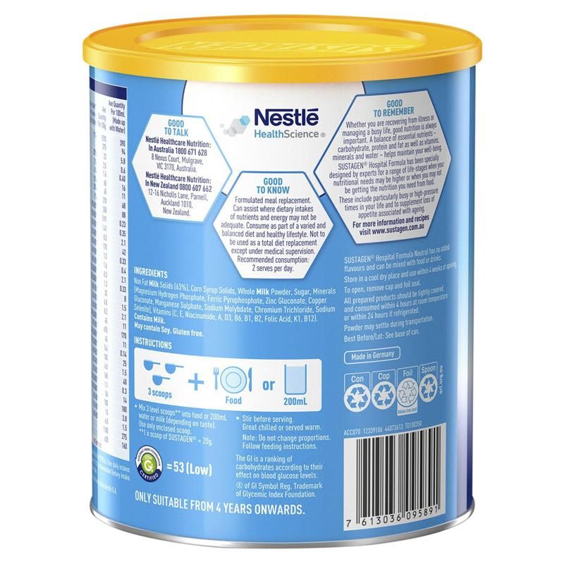 Sustagen Hospital Formula Thực phẩm bổ sung dinh dưỡng hương vị trung tính 840g