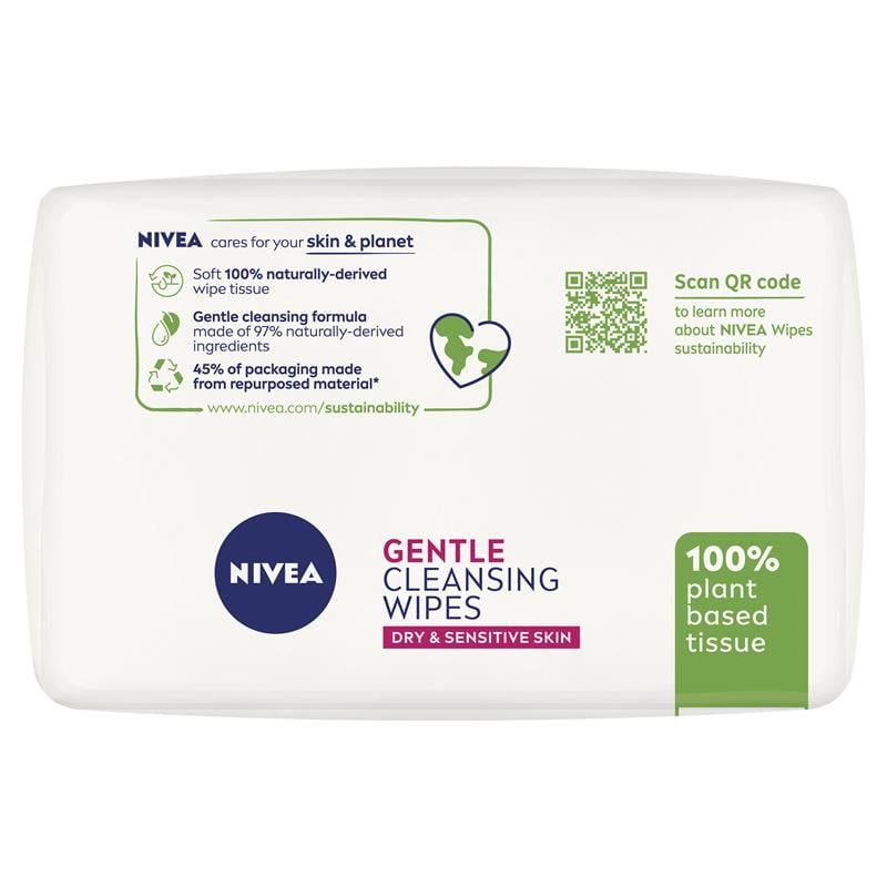 Khăn lau mặt Nivea Gentle Biodegradable dành cho da khô và nhạy cảm, gói đôi 25 miếng