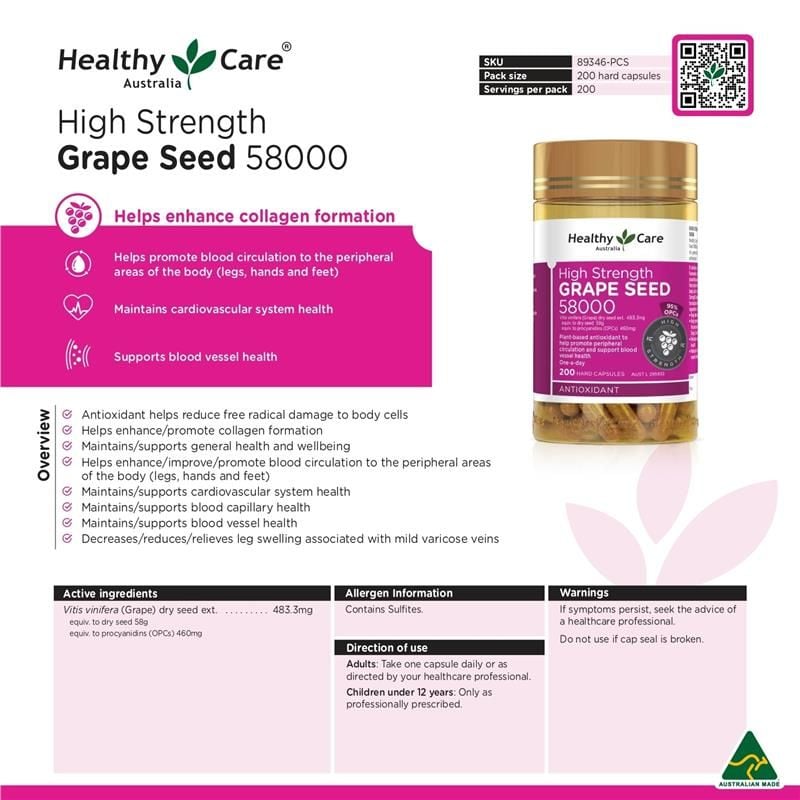 Hạt nho Healthy Care High Strength 58000 200 viên nang