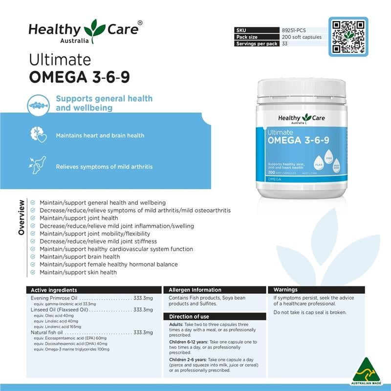 Viên uống bổ sung Omega 3-6-9 Ultimate của Healthy Care 200 viên