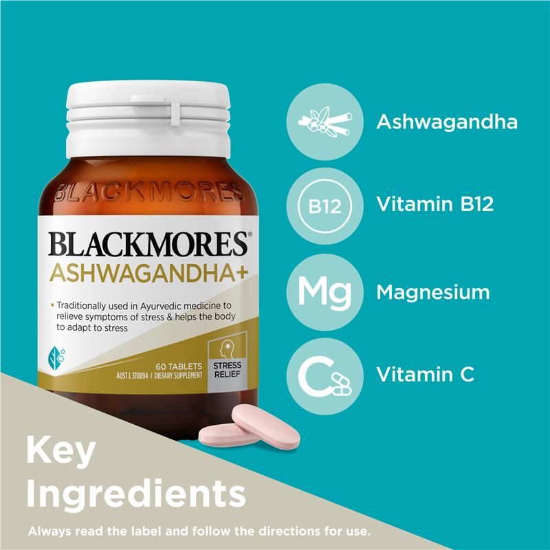 Blackmores Ashwagandha+ Hỗ trợ căng thẳng Vitamin B 60 viên
