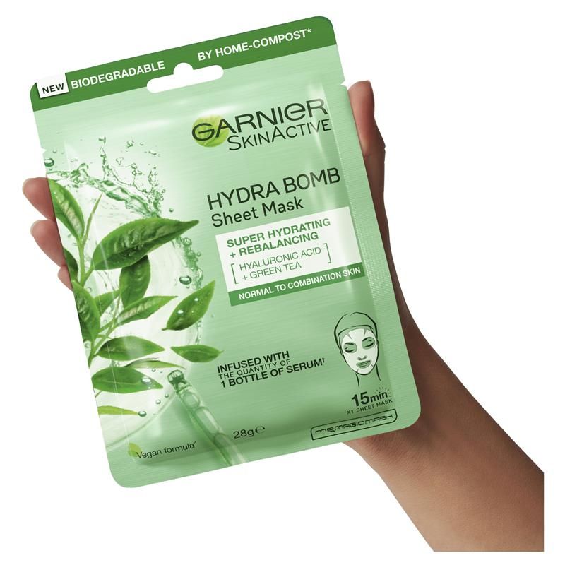 Mặt nạ giấy Garnier Hydra Bomb Hyaluronic Acid + Trà xanh