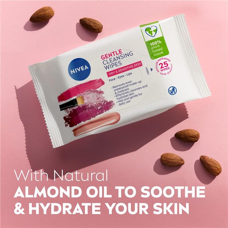 Khăn lau mặt Nivea Gentle Biodegradable dành cho da khô và nhạy cảm, gói đôi 25 miếng