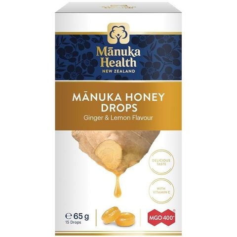 Kẹo Manuka Health Manuka Honey Drops vị chanh và gừng 15 gói 65g