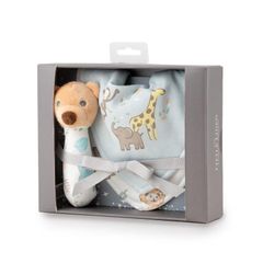 Bộ quà tặng đồ chơi lục lạc và yếm trẻ em Little Linen Company Safari Bear