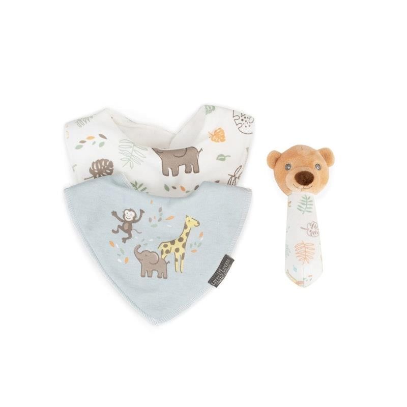 Bộ quà tặng đồ chơi lục lạc và yếm trẻ em Little Linen Company Safari Bear