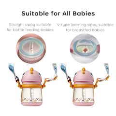 Cốc tập uống có ống hút Bc Babycare T-REX TOBY 300ml (có dây đeo) ​​màu hồng