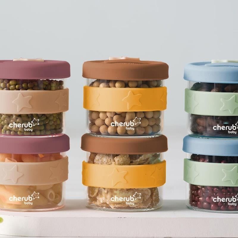 Bộ hộp đựng thức ăn trẻ em bằng silicon và thủy tinh Cherub Baby 5PK - Dusty Rose & Sand Pack