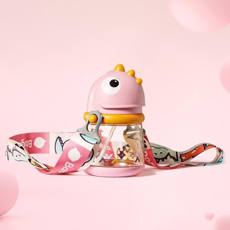 Cốc tập uống có ống hút Bc Babycare T-REX TOBY 300ml (có dây đeo) ​​màu hồng