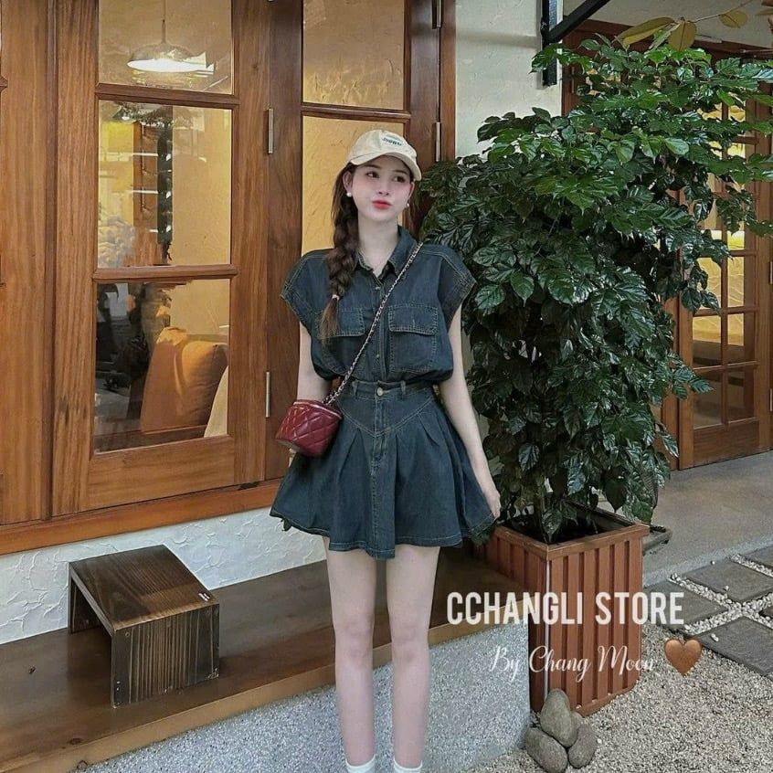  B64-set áo và chân váy,set đồ đi chơi áo sơ mi bò tay hến kèm chân váy ngắn 