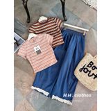  B124-Set quần ren mix áo kẻ 