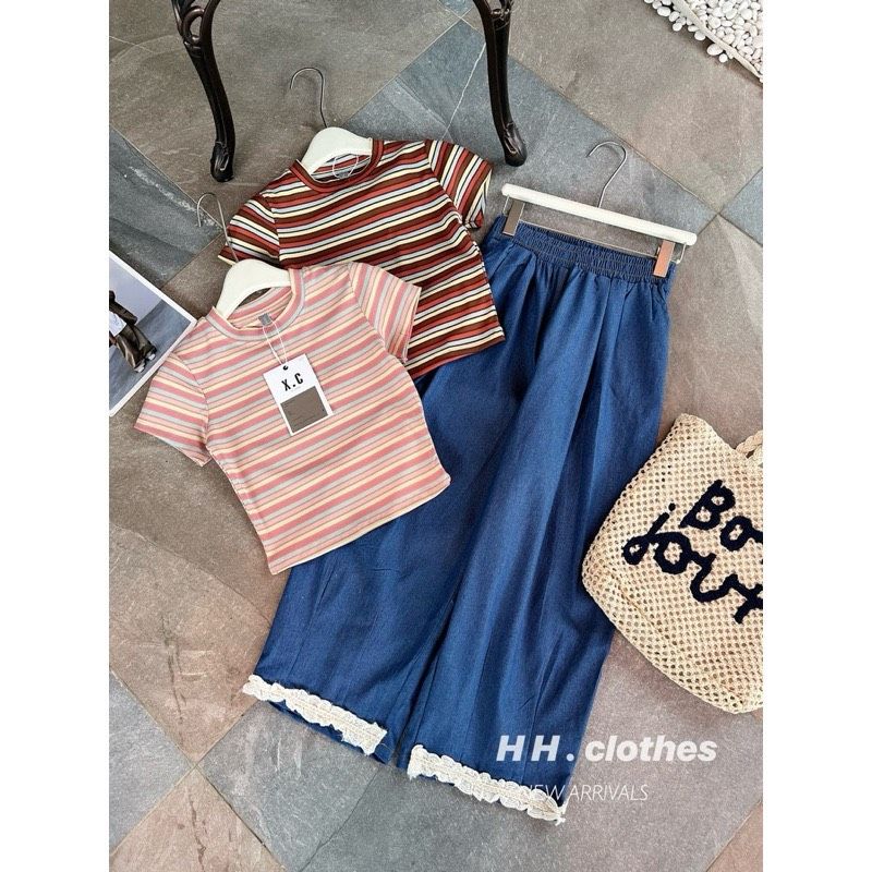  B124-Set quần ren mix áo kẻ 