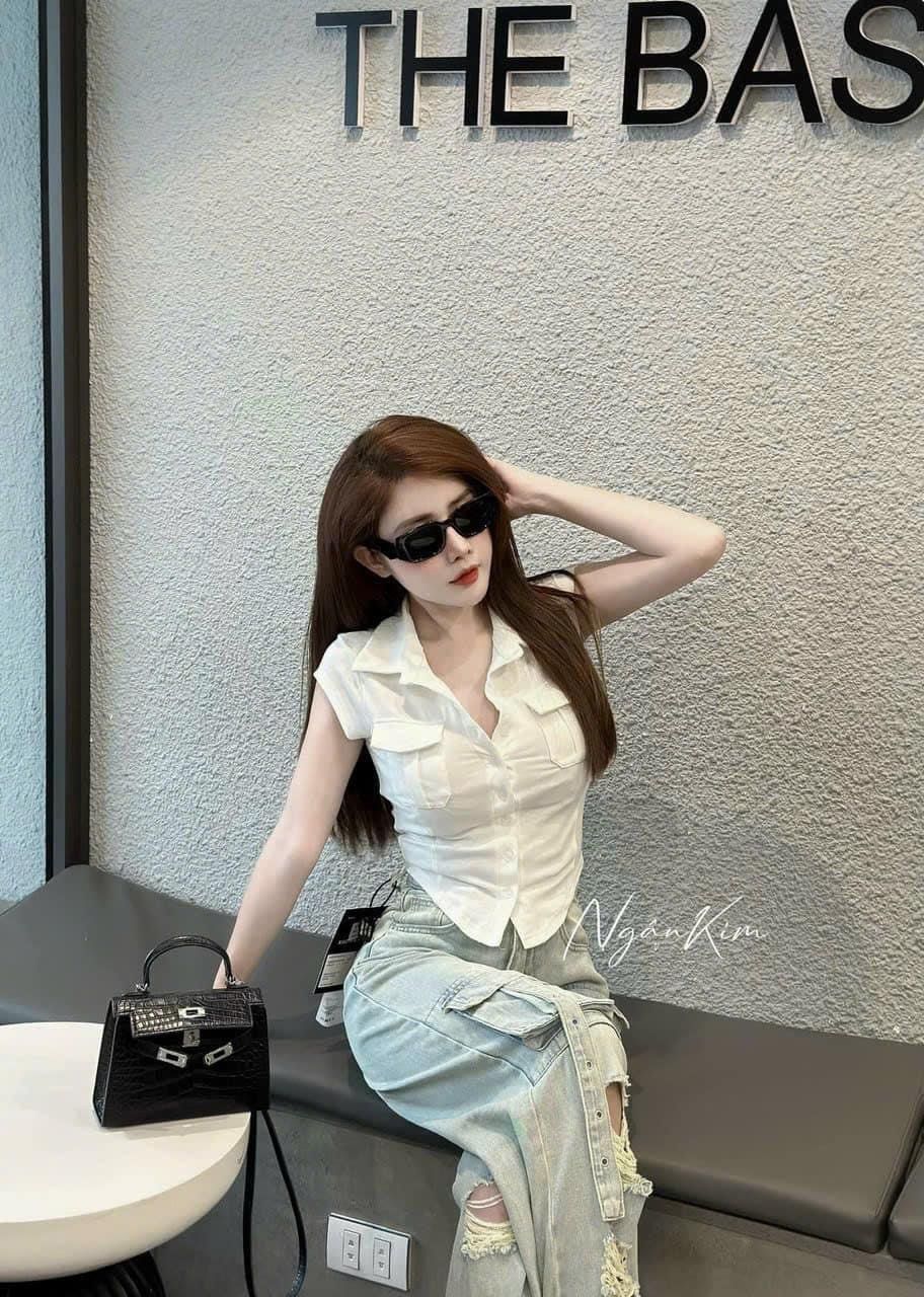  K88-Áo thun PHOM ÔM nữ kiểu sơ mi phối túi nắp 