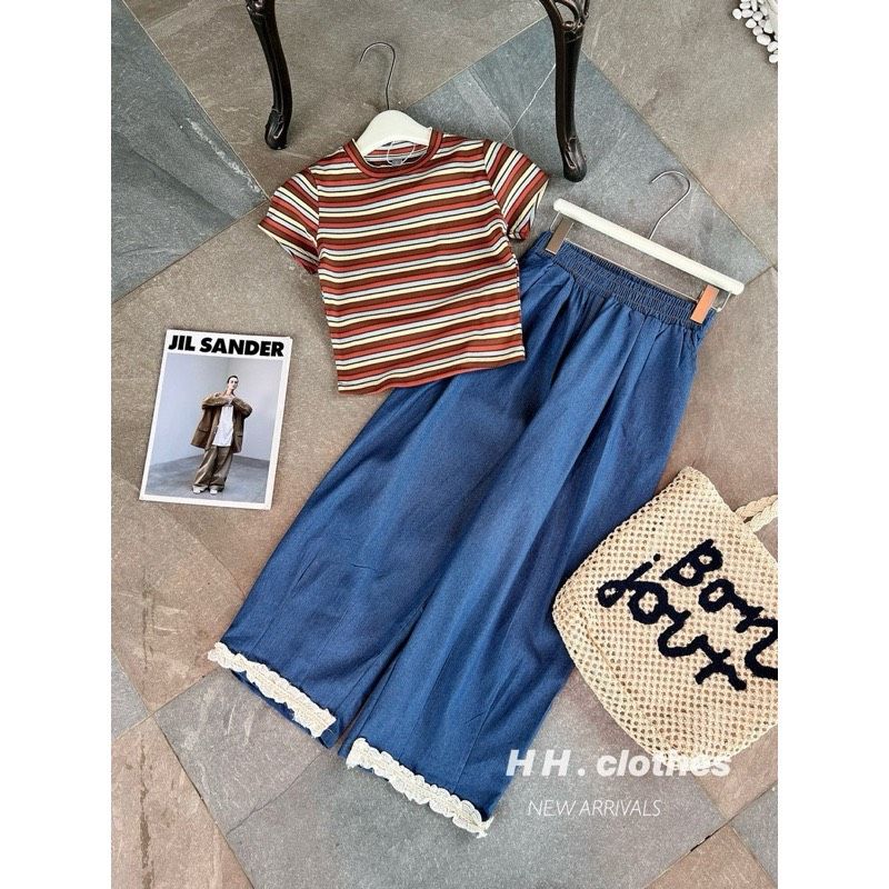  B124-Set quần ren mix áo kẻ 