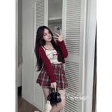  B95-Bộ áo 2 dây và chân váy xếp ly kẻ đỏ xoè cùng áo khoác đỏ cho phái đẹp 