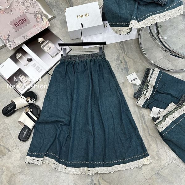  CV20-chân váy bò phối ren 