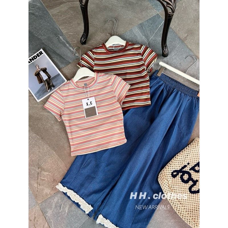  B124-Set quần ren mix áo kẻ 
