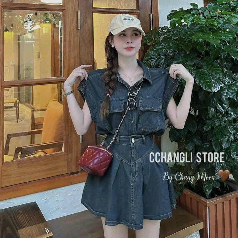  B64-set áo và chân váy,set đồ đi chơi áo sơ mi bò tay hến kèm chân váy ngắn 
