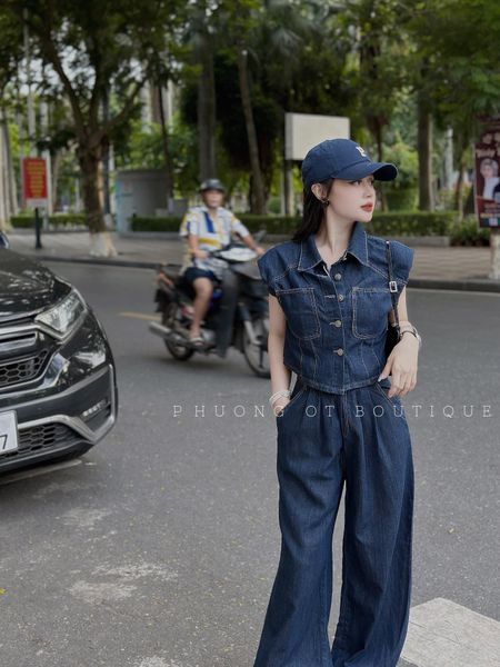  B133-Set bộ bò áo túi ngực quần dài xinh 