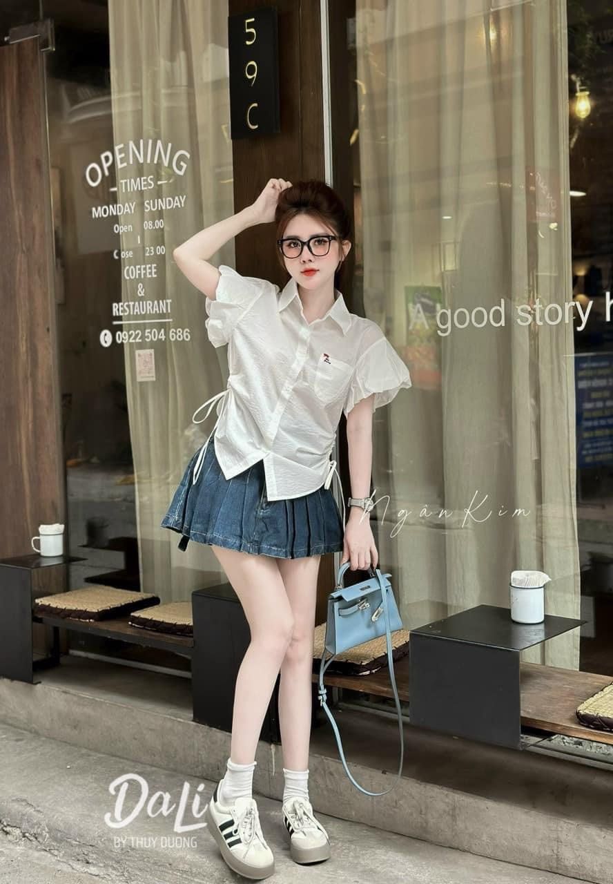  B96-Chân váy jean xếp li có lót trong 