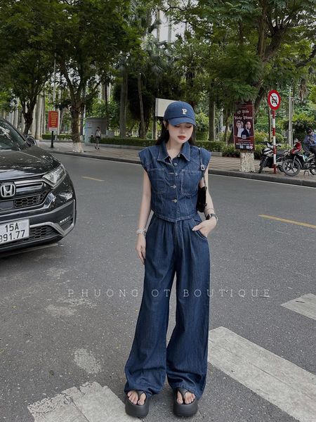  B133-Set bộ bò áo túi ngực quần dài xinh 