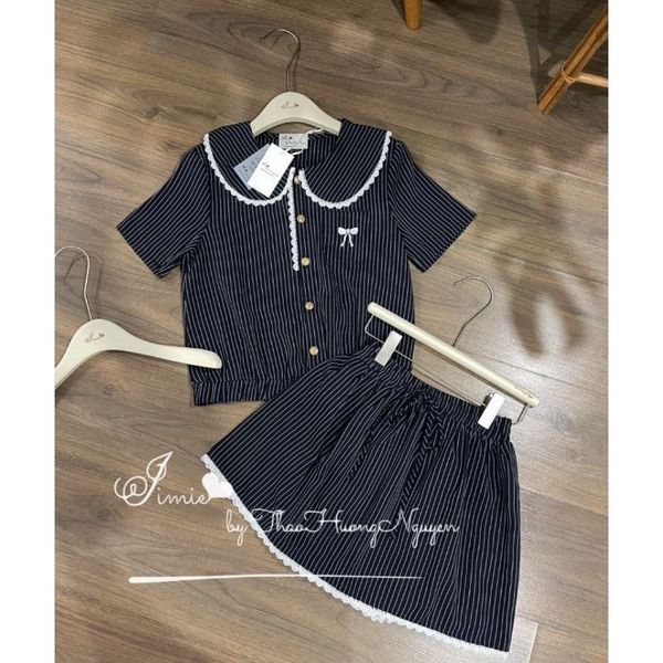  B91-Sét xốp kẻ cổ sen viền ren nơ thêu kèm cv 