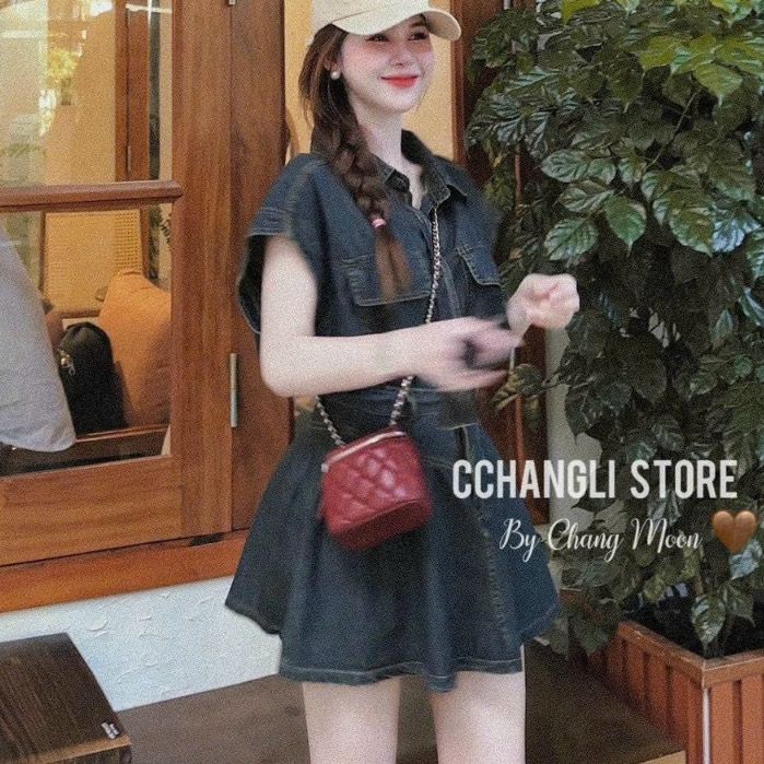  B64-set áo và chân váy,set đồ đi chơi áo sơ mi bò tay hến kèm chân váy ngắn 