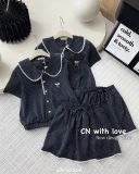  B91-Sét xốp kẻ cổ sen viền ren nơ thêu kèm cv 