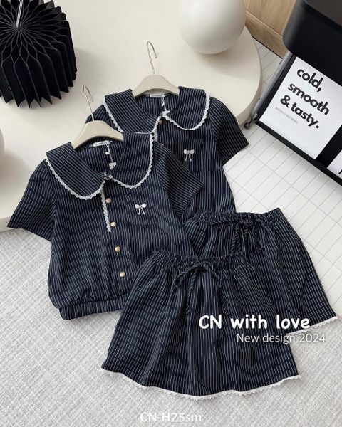  B91-Sét xốp kẻ cổ sen viền ren nơ thêu kèm cv 