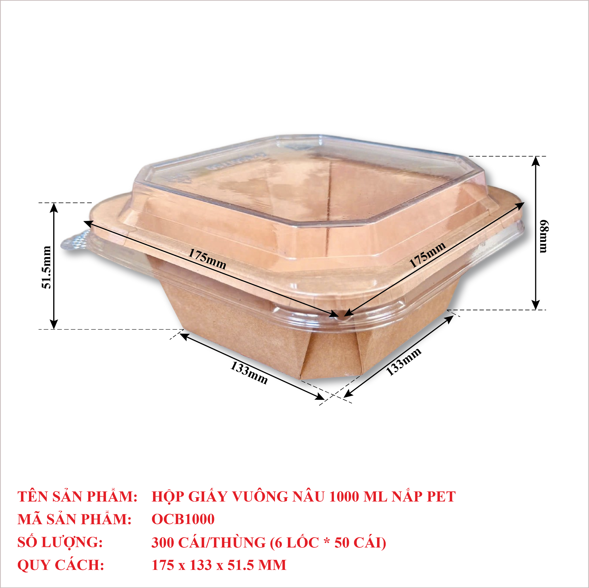 Hộp Giấy Vuông 1000ml Nắp Pet | Khôi Thịnh 