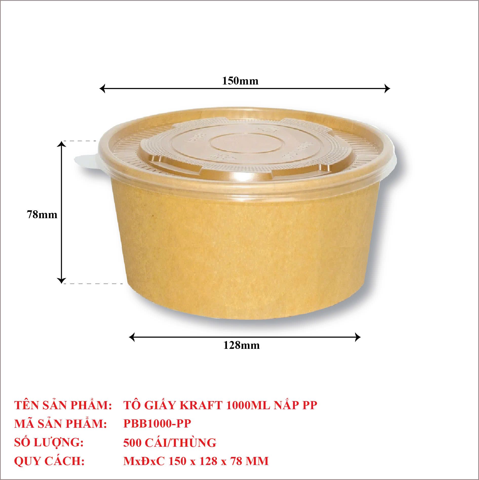  Tô Giấy Kraft 1000ML Nắp PP 