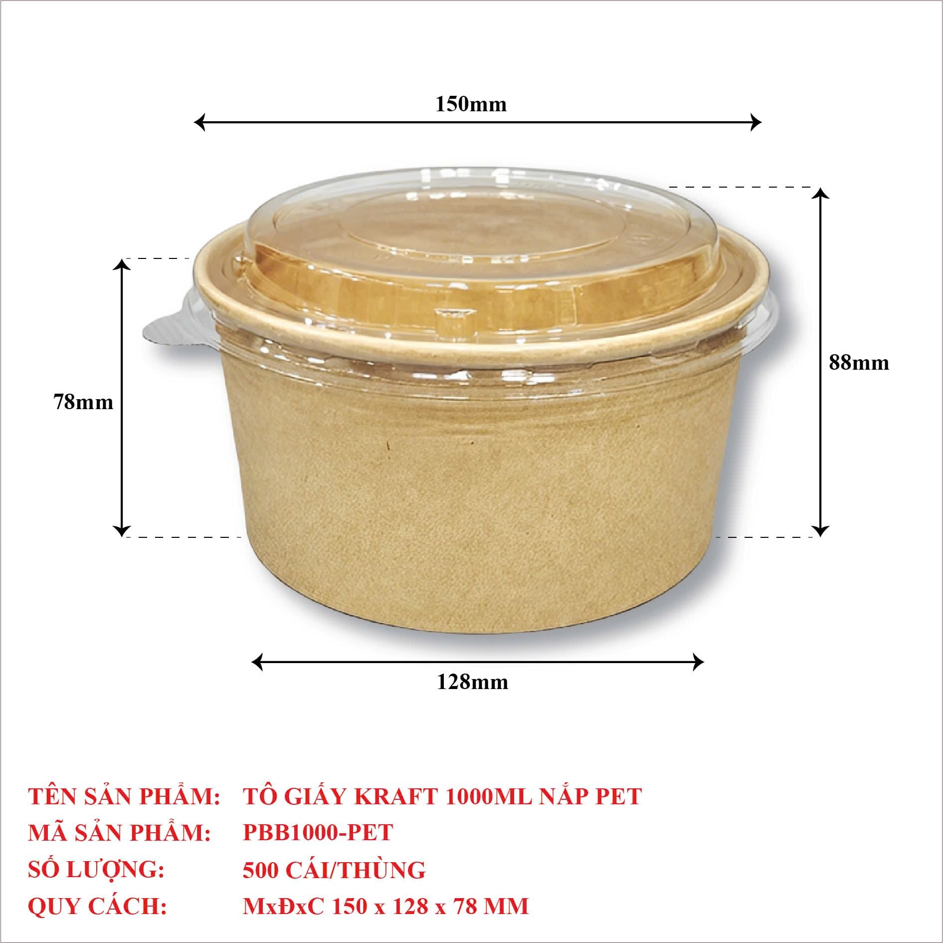  Tô Giấy Kraft 1000ML Nắp PET 