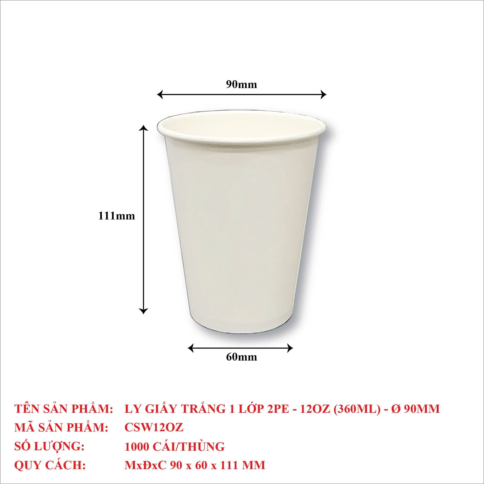  Ly Giấy Trắng 1 Lớp 2PE - 12OZ (360ML) 