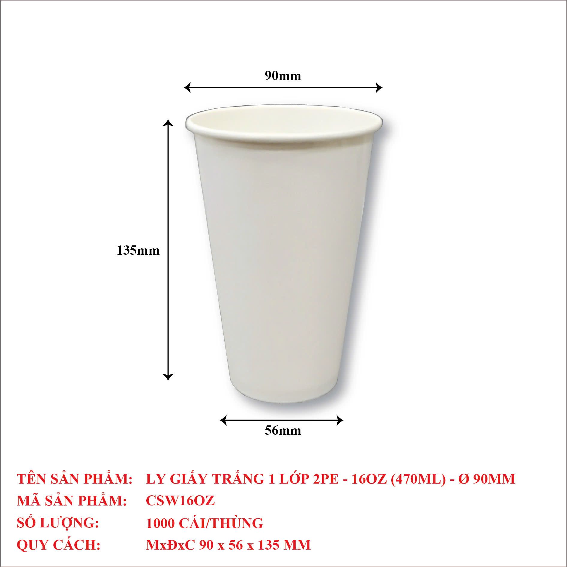  Ly Giấy Trắng 1 Lớp 2PE - 16OZ (470ML) 