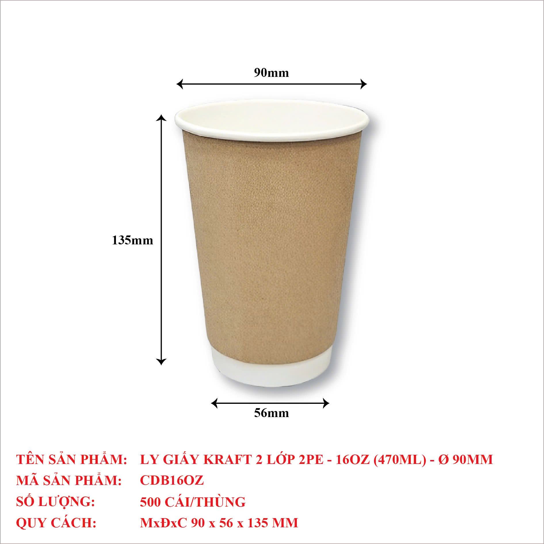  Ly Giấy Kraft 2 Lớp 2PE - 16OZ (470ML) 