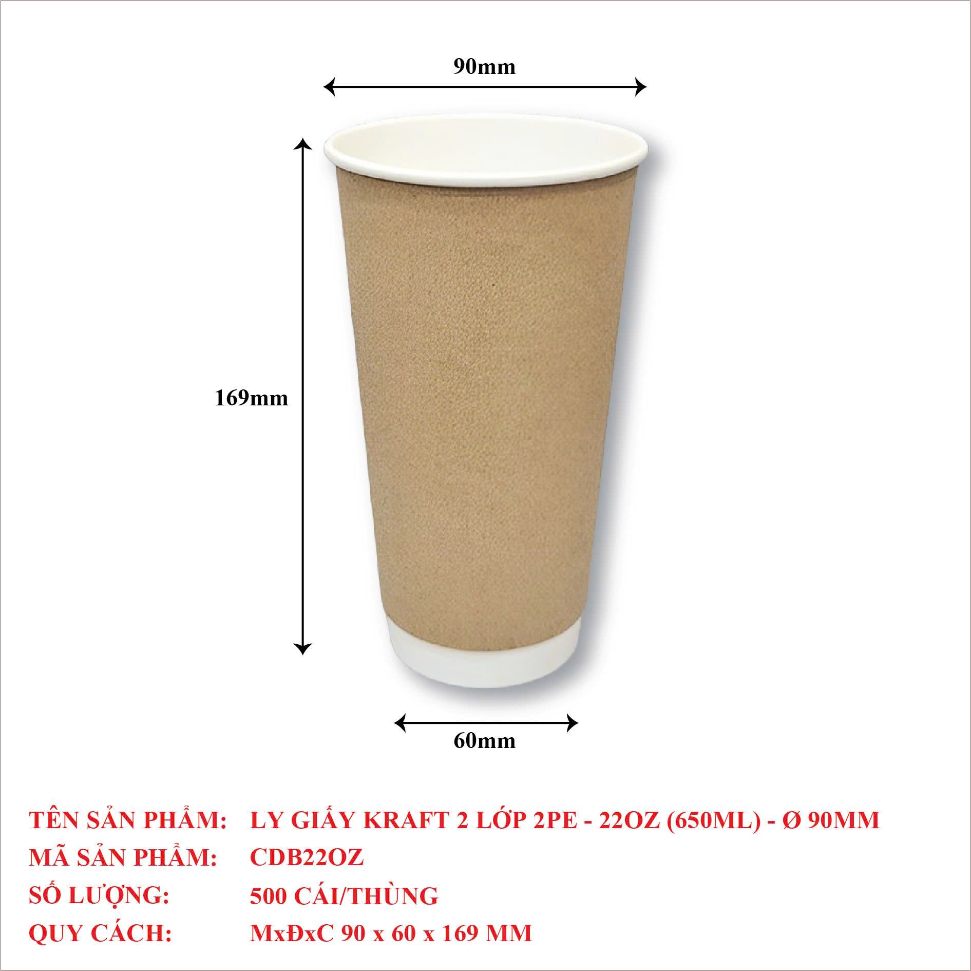  Ly Giấy Kraft 2 Lớp 2PE - 220Z (650ML) 