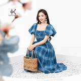  K316 Đầm Linen kẻ caro, cổ vuông, tay phồng 