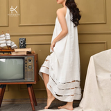  K112 Đầm maxi LINEN cổ yếm, dáng suông,  gấu đính ngọc trai 