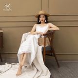  K118 Đầm linen maxi, dáng suông, 2 dây mix ren 