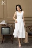  K122 Đầm linen cổ V, sát nách, buộc dây ở lưng, đính cúc trẻ trung quyến rũ. BEST SELLER 