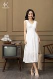  K122 Đầm linen cổ V, sát nách, buộc dây ở lưng, đính cúc trẻ trung quyến rũ. BEST SELLER 