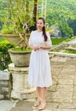  K135 Đầm Linen cổ tròn xếp ly  ngực, tay phồng mix ren 