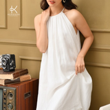  K112 Đầm maxi LINEN cổ yếm, dáng suông,  gấu đính ngọc trai 